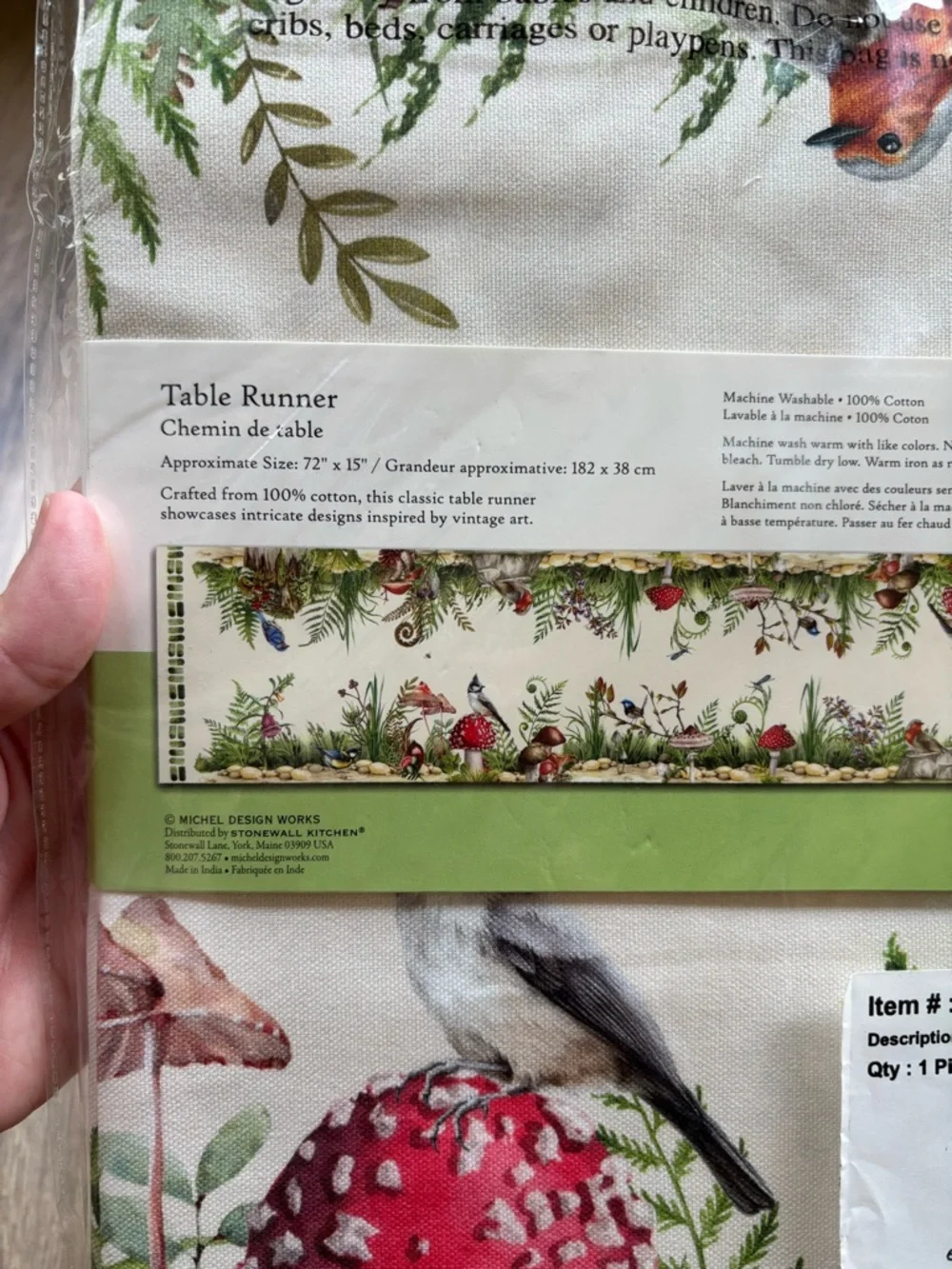 Michel Moss & Oak Table Runner Green Botanical Mushroom Bird Print 72”x15” NEW